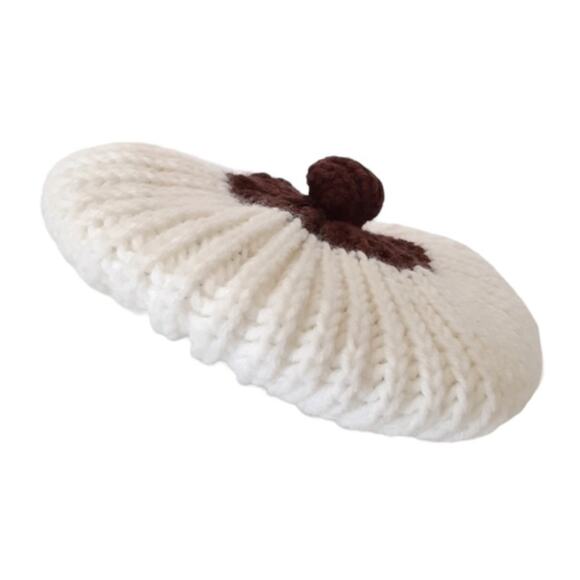 Vintage 70s Crochet Knit Beret w/ Pom Cream Maroon European Handmade Beatnik - Picture 3 of 9